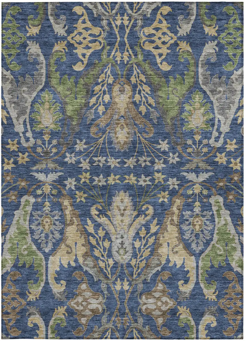 Navy Blue Green And Brown Floral Washable Indoor Outdoor Area Rug Photo 7