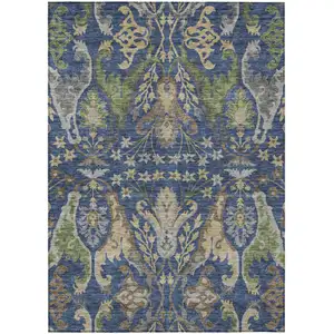 Photo of Navy Blue Green And Brown Floral Washable Indoor Outdoor Area Rug