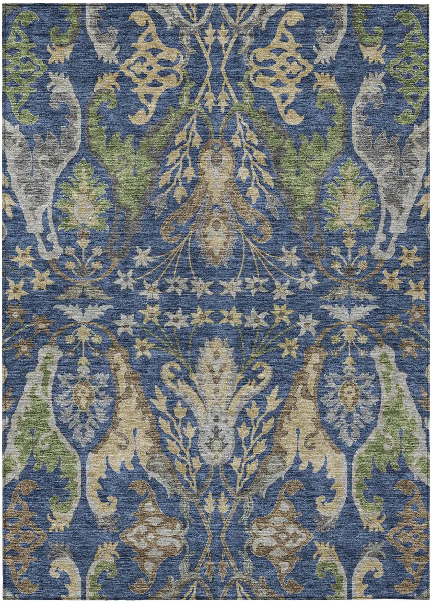 Navy Blue Green And Brown Floral Washable Indoor Outdoor Area Rug Photo 2