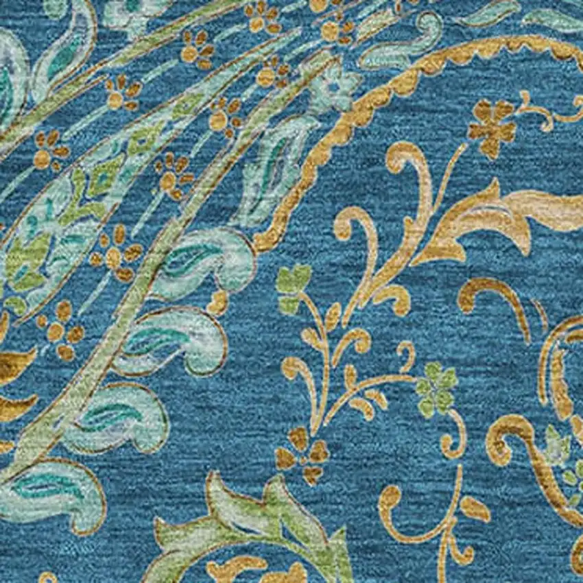 Navy Blue Green And Gold Paisley Washable Area Rug With UV Protection Photo 3