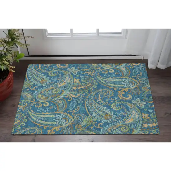 Navy Blue Green And Gold Paisley Washable Area Rug With UV Protection Photo 2
