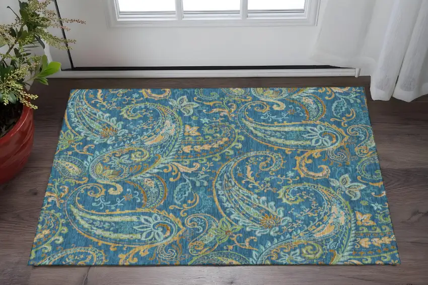Navy Blue Green And Gold Paisley Washable Area Rug With UV Protection Photo 2