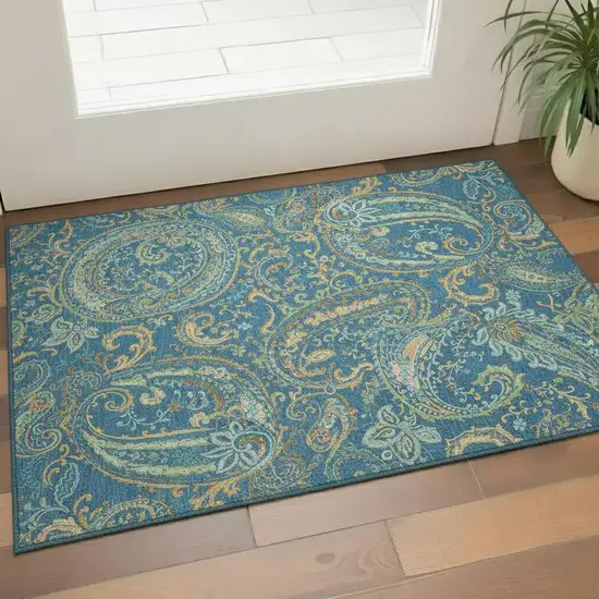 Navy Blue Green And Gold Paisley Washable Area Rug With UV Protection Photo 1