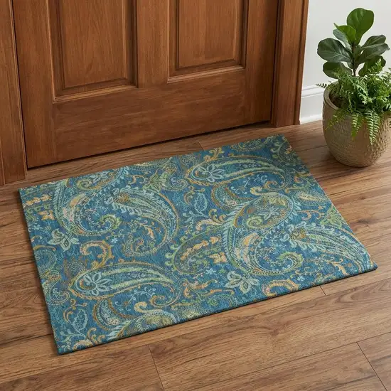 Navy Blue Green And Gold Paisley Distressed Washable Area Rug With UV Protection Photo 1