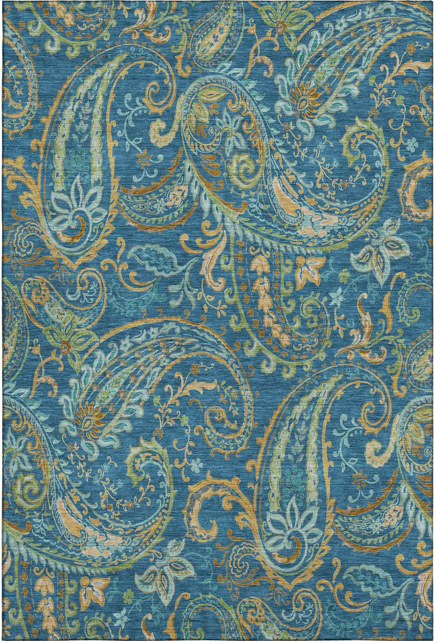 Navy Blue Green And Gold Paisley Washable Area Rug With UV Protection Photo 1