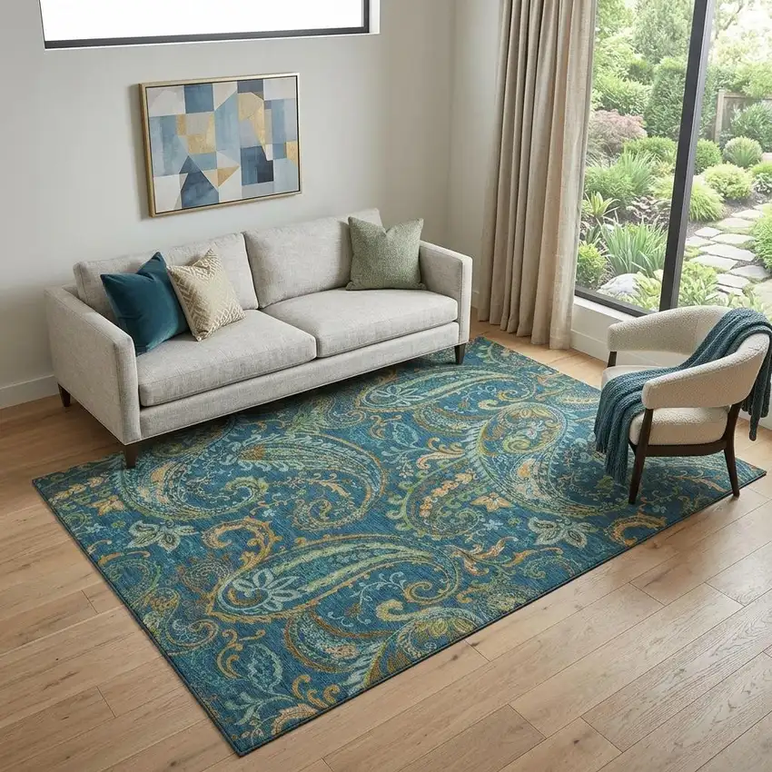 Navy Blue Green And Gold Paisley Washable Area Rug With UV Protection Photo 1