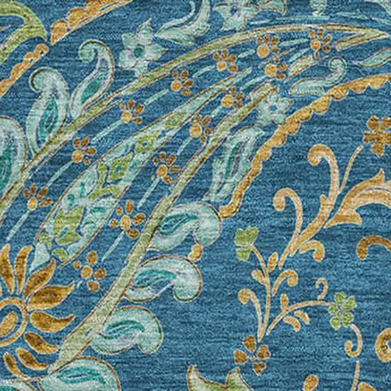 Navy Blue Green And Gold Paisley Washable Area Rug With UV Protection Photo 3
