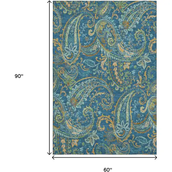 Navy Blue Green And Gold Paisley Washable Area Rug With UV Protection Photo 9