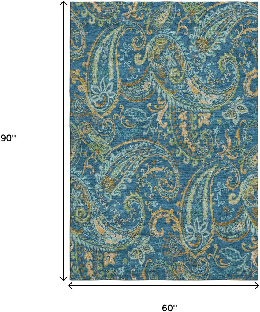 Navy Blue Green And Gold Paisley Washable Area Rug With UV Protection Photo 9