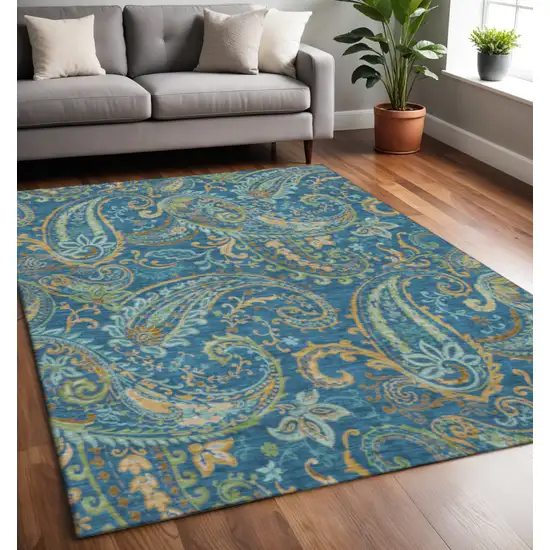 Navy Blue Green And Gold Paisley Washable Area Rug With UV Protection Photo 2