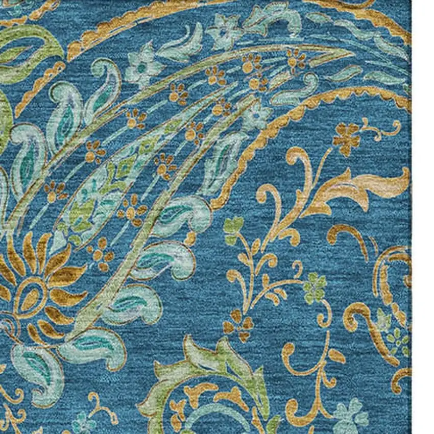 Navy Blue Green And Gold Paisley Washable Area Rug With UV Protection Photo 4