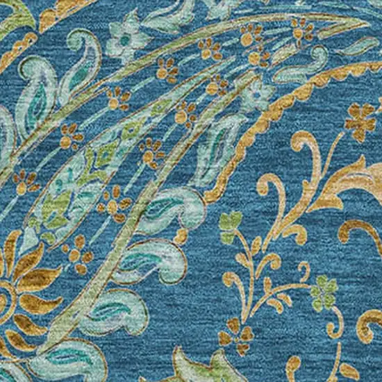 Navy Blue Green And Gold Paisley Washable Area Rug With UV Protection Photo 3