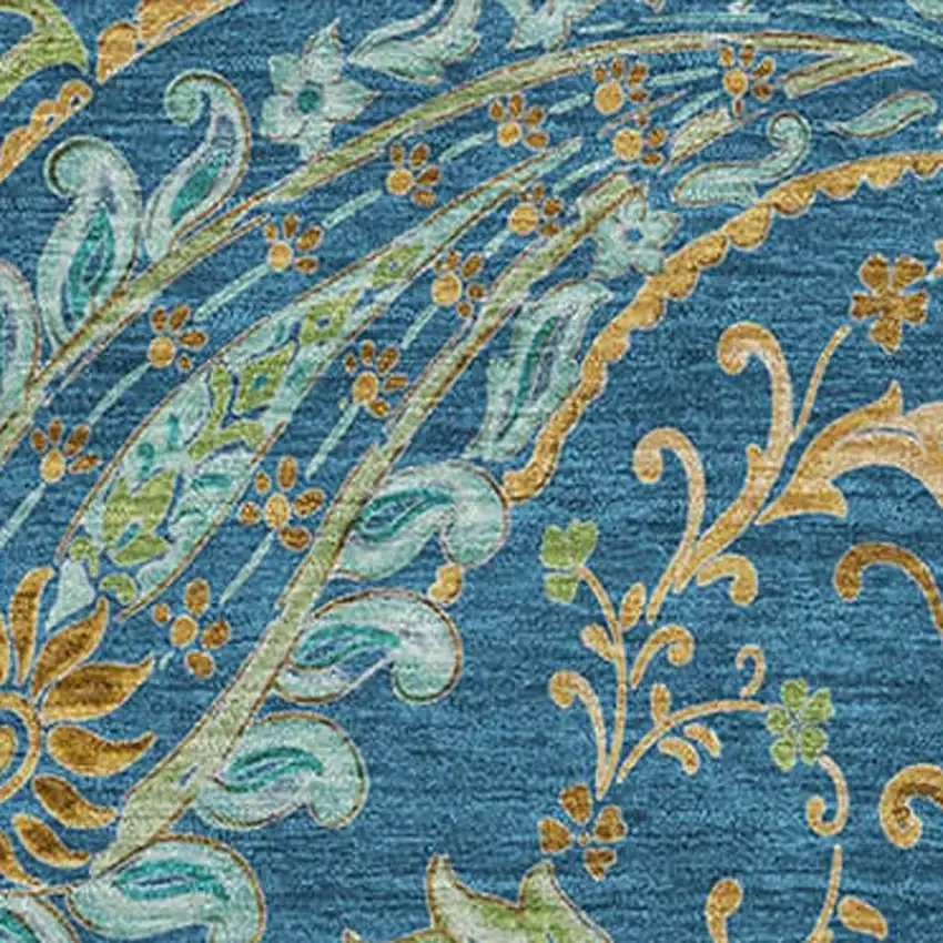 Navy Blue Green And Gold Paisley Washable Area Rug With UV Protection Photo 3