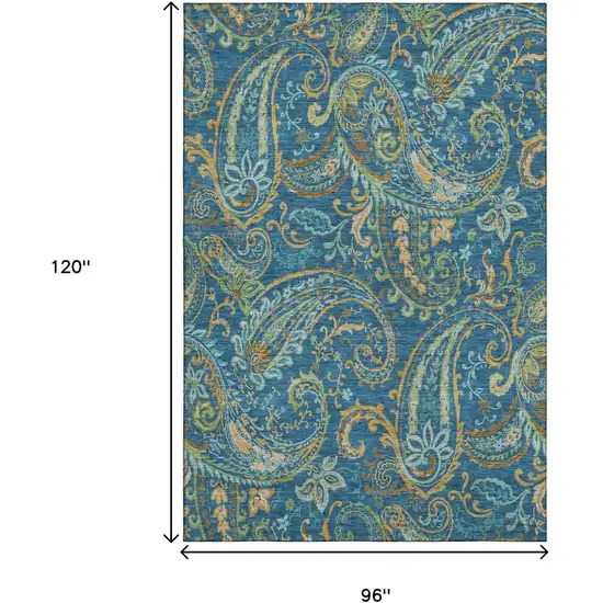 Navy Blue Green And Gold Paisley Distressed Washable Area Rug With UV Protection Photo 9
