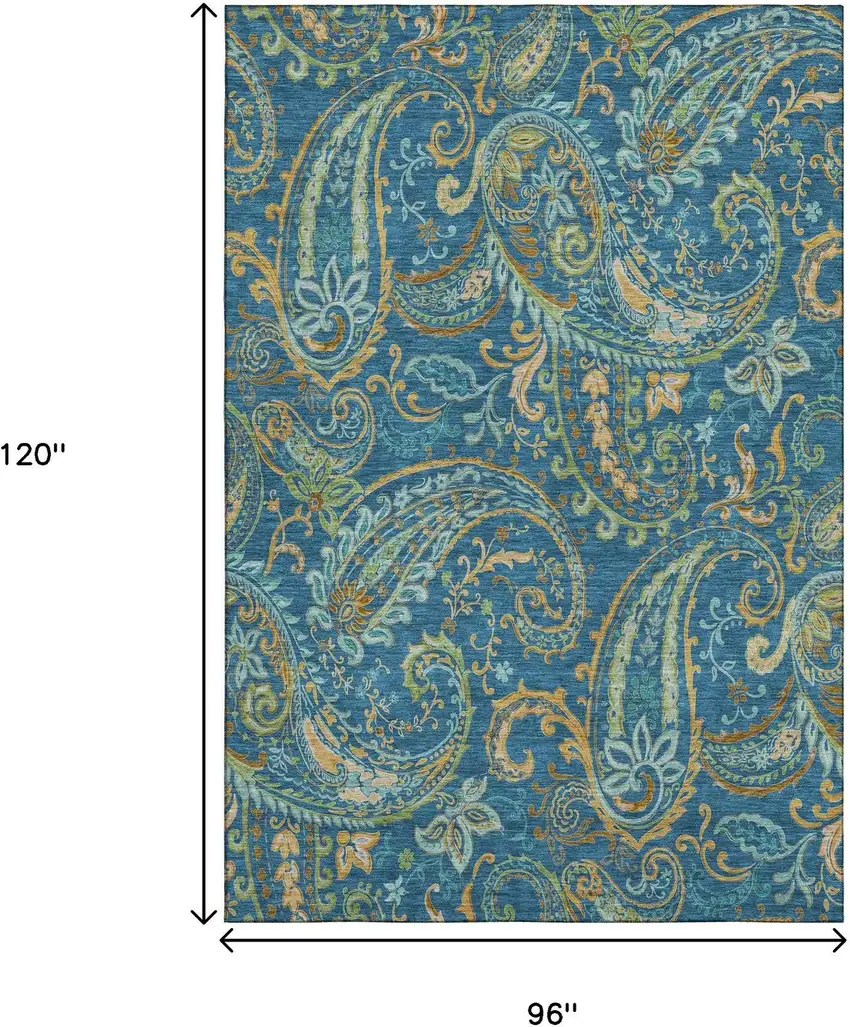Navy Blue Green And Gold Paisley Distressed Washable Area Rug With UV Protection Photo 9