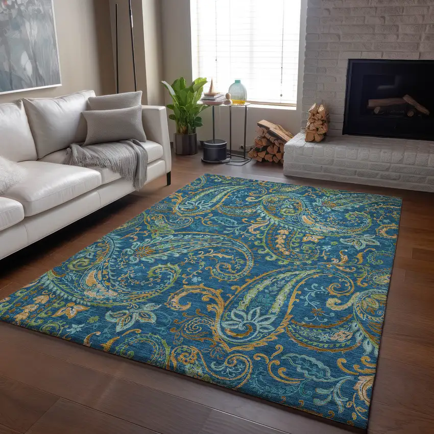 Navy Blue Green And Gold Paisley Distressed Washable Area Rug With UV Protection Photo 4
