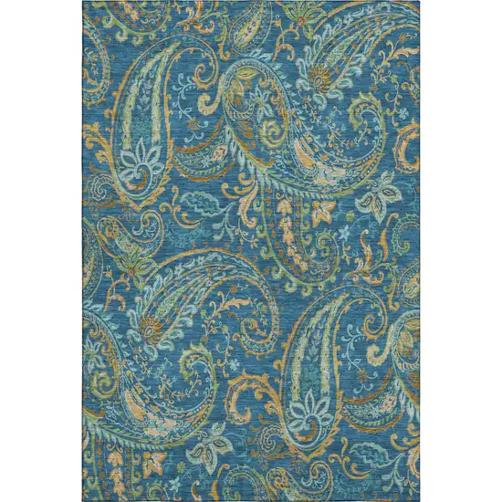 Navy Blue Green And Gold Paisley Washable Area Rug With UV Protection Photo 1
