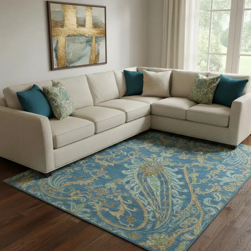 Navy Blue Green And Gold Paisley Washable Area Rug With UV Protection Photo 1