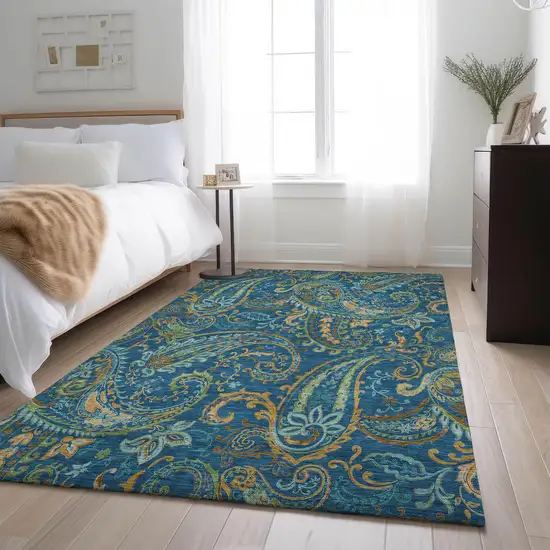 Navy Blue Green And Gold Paisley Distressed Washable Area Rug With UV Protection Photo 3