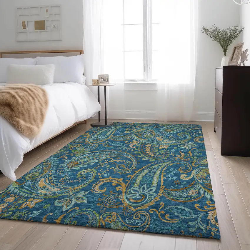 Navy Blue Green And Gold Paisley Distressed Washable Area Rug With UV Protection Photo 3