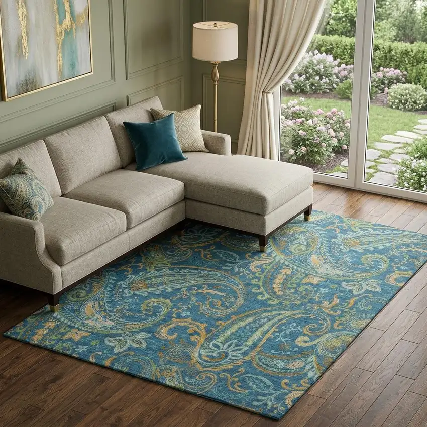 Navy Blue Green And Gold Paisley Distressed Washable Area Rug With UV Protection Photo 1