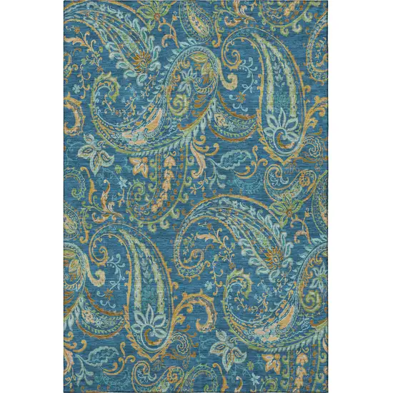 Navy Blue Green And Gold Paisley Distressed Washable Area Rug With UV Protection Photo 3