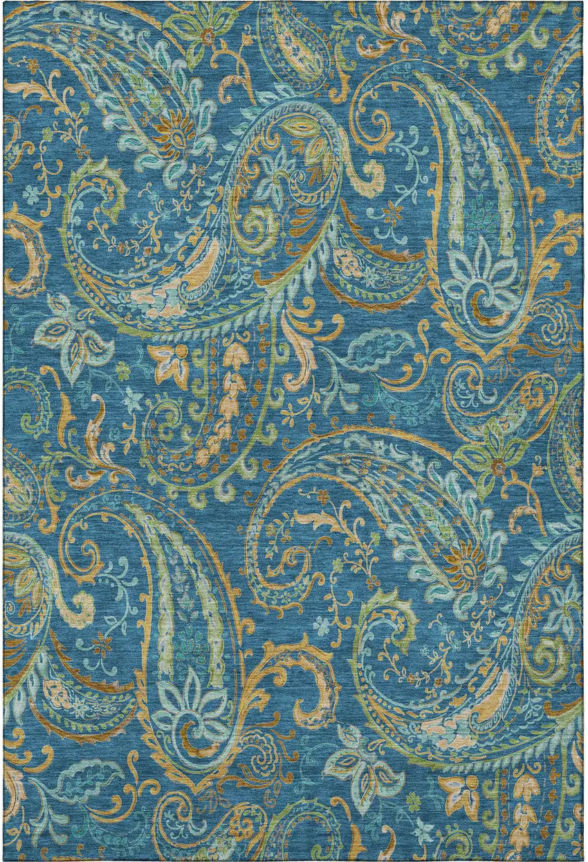 Navy Blue Green And Gold Paisley Distressed Washable Area Rug With UV Protection Photo 3