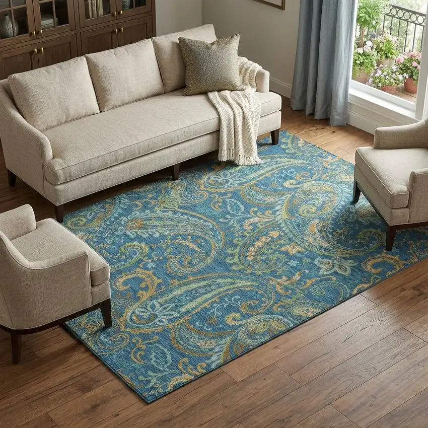 Navy Blue Green And Gold Paisley Distressed Washable Area Rug With UV Protection Photo 1