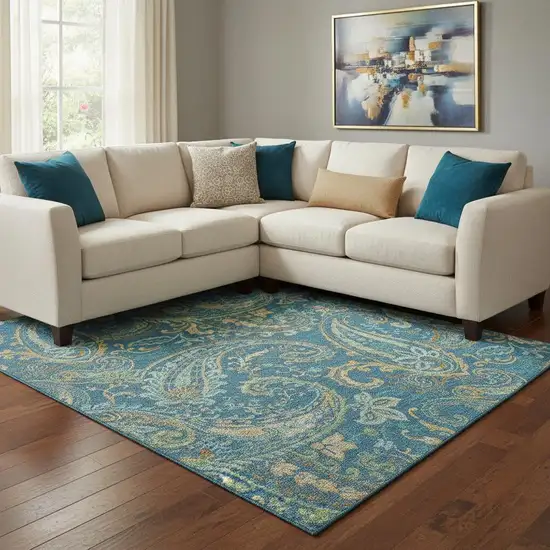 Navy Blue Green And Gold Paisley Washable Area Rug With UV Protection Photo 1