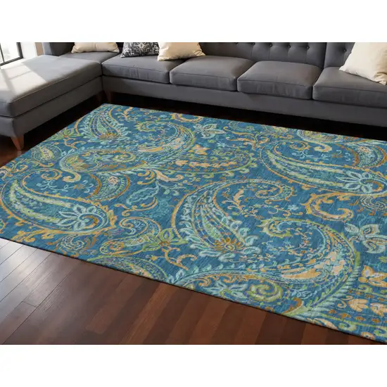 Navy Blue Green And Gold Paisley Washable Area Rug With UV Protection Photo 2
