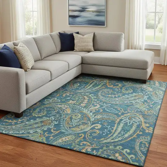 Navy Blue Green And Gold Paisley Washable Area Rug With UV Protection Photo 1