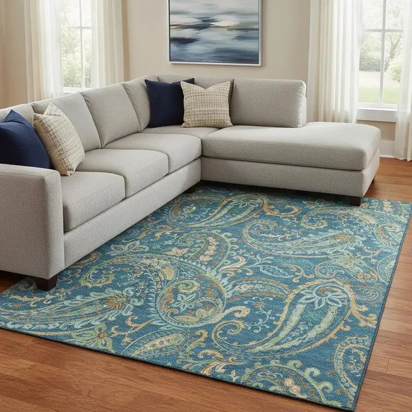 Navy Blue Green And Gold Paisley Washable Area Rug With UV Protection Photo 1