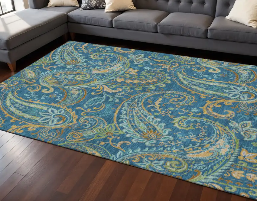 Navy Blue Green And Gold Paisley Washable Area Rug With UV Protection Photo 2