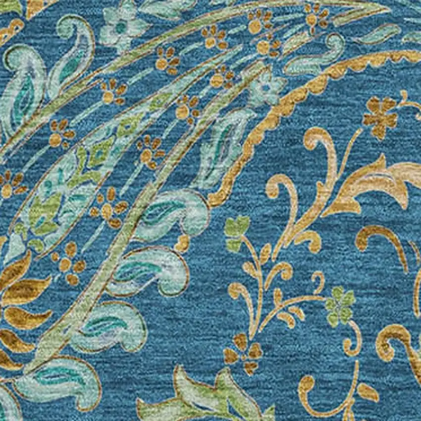Navy Blue Green And Gold Paisley Washable Area Rug With UV Protection Photo 3