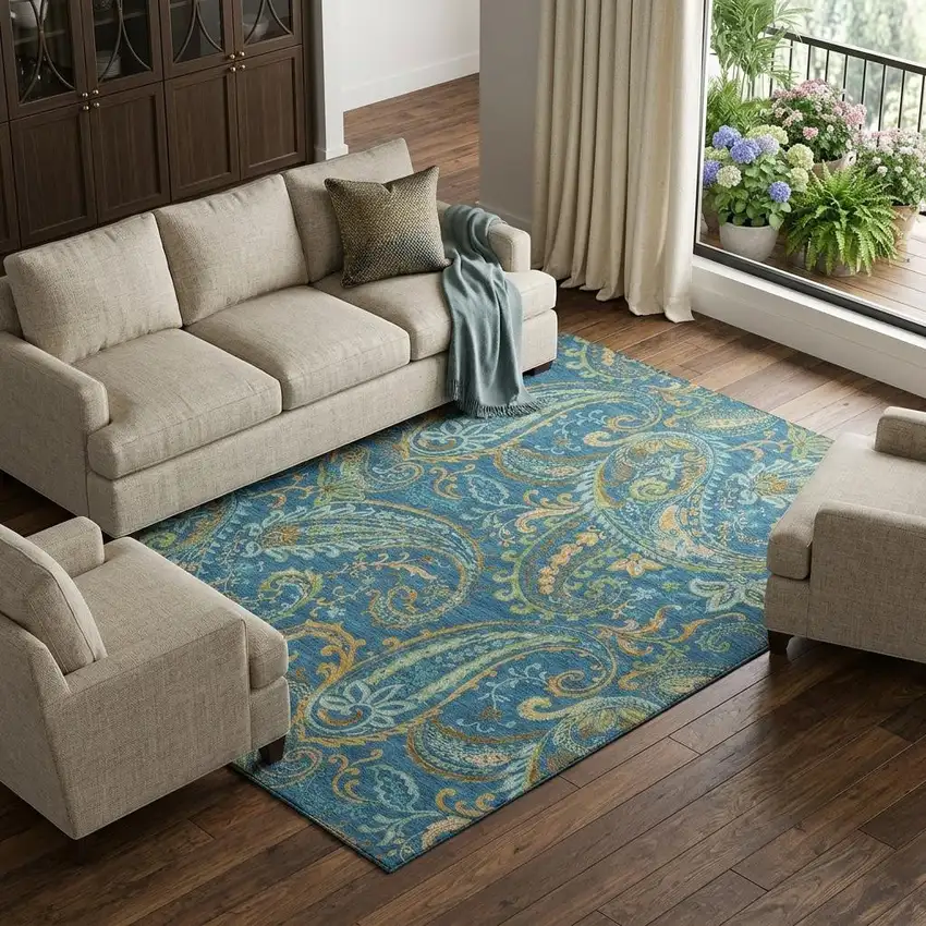 Navy Blue Green And Gold Paisley Washable Area Rug With UV Protection Photo 1