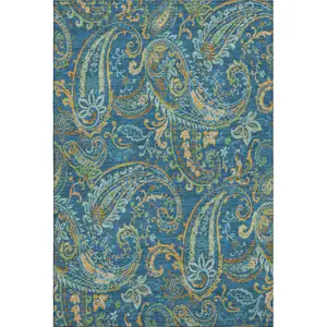 Photo of Navy Blue Green And Gold Paisley Washable Area Rug With UV Protection