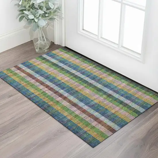 Navy Blue Green And Gold Plaid Washable Area Rug With UV Protection Photo 2