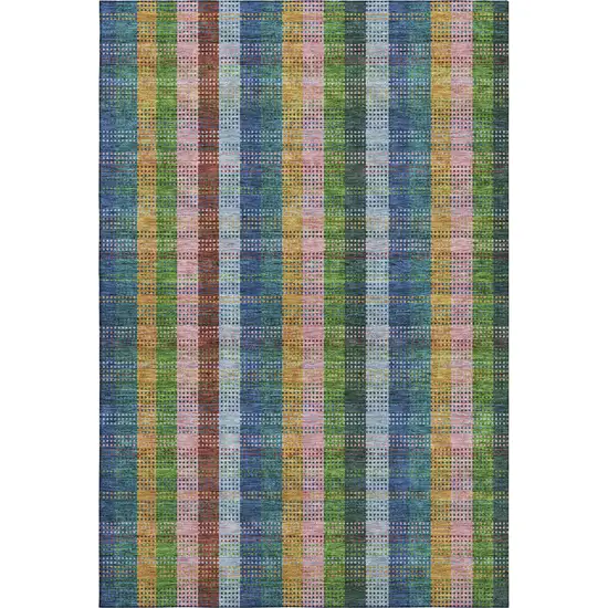 Navy Blue Green And Gold Plaid Washable Area Rug With UV Protection Photo 1