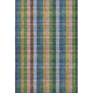 Photo of Navy Blue Green And Gold Plaid Washable Area Rug With UV Protection