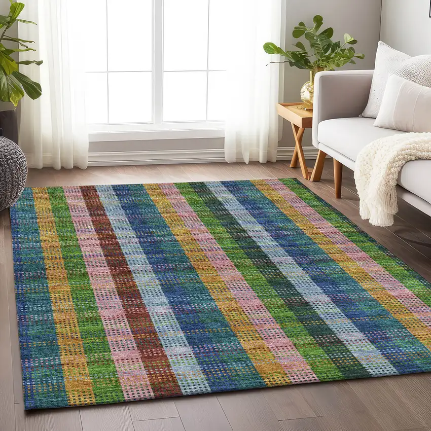 Navy Blue Green And Gold Plaid Washable Area Rug With UV Protection Photo 3