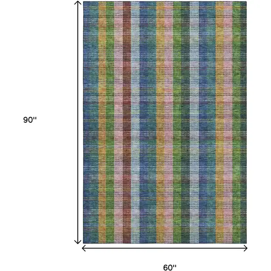 Navy Blue Green And Gold Plaid Washable Area Rug With UV Protection Photo 8
