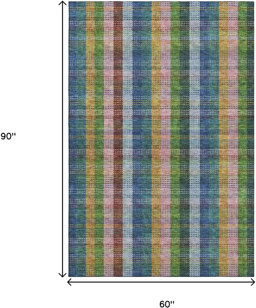 Navy Blue Green And Gold Plaid Washable Area Rug With UV Protection Photo 8