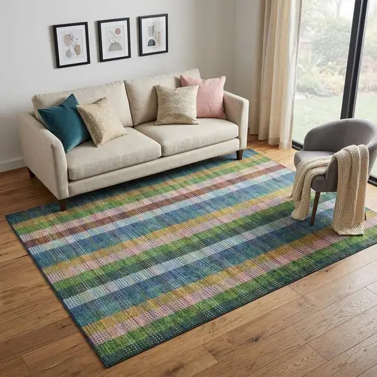 Navy Blue Green And Gold Plaid Washable Area Rug With UV Protection Photo 1