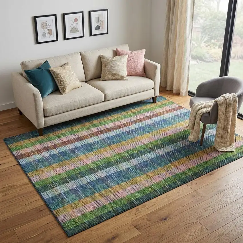Navy Blue Green And Gold Plaid Washable Area Rug With UV Protection Photo 1