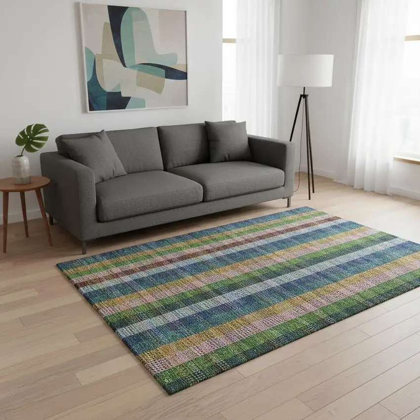 Navy Blue Green And Gold Plaid Washable Area Rug With UV Protection Photo 2