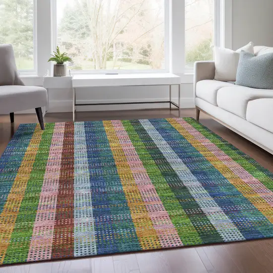 Navy Blue Green And Gold Plaid Washable Area Rug With UV Protection Photo 5