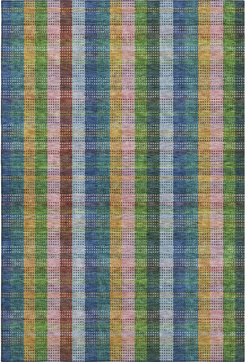 Navy Blue Green And Gold Plaid Washable Area Rug With UV Protection Photo 1