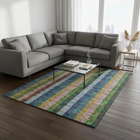 Navy Blue Green And Gold Plaid Washable Area Rug With UV Protection Photo 2