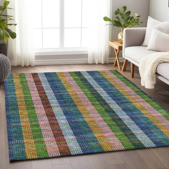 Navy Blue Green And Gold Plaid Washable Area Rug With UV Protection Photo 4