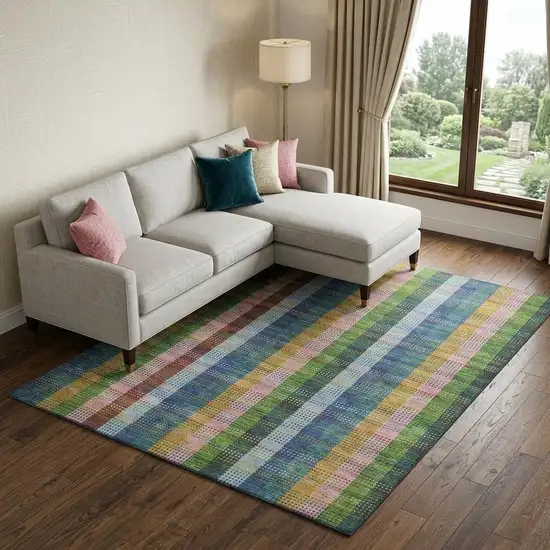 Navy Blue Green And Gold Plaid Washable Area Rug With UV Protection Photo 1